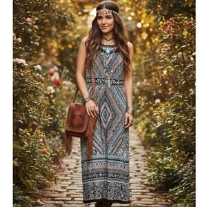 Studio One New York Boho Aztec Maxi Dress With Beaded Accent Sz PL